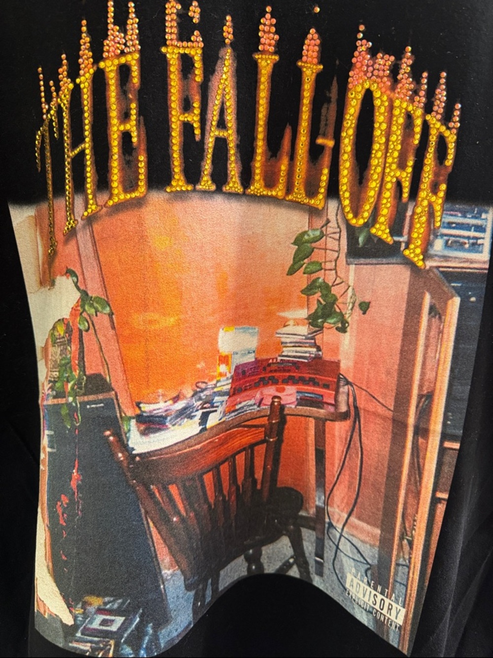 J Cole Black Tee with Orange and Yellow 'The Fall Off' Graphic blinged out